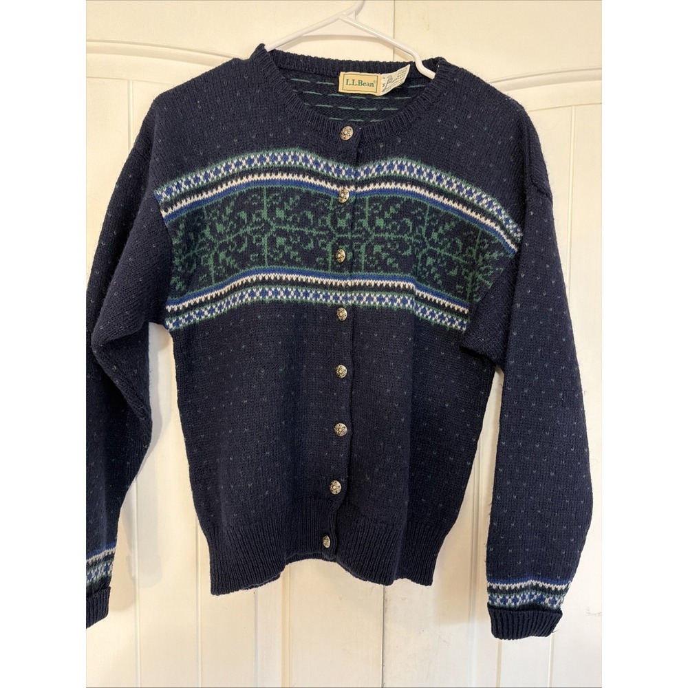 LL Bean Vintage Fair Isle Cardigan 100% Shetland Wool Silver Buttons Medium